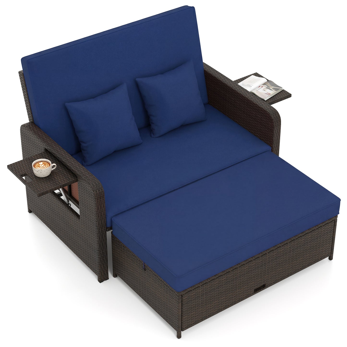 Patio Rattan Daybed with 4-Level Adjustable Backrest and Retractable Side Tray-Navy (Assembled)