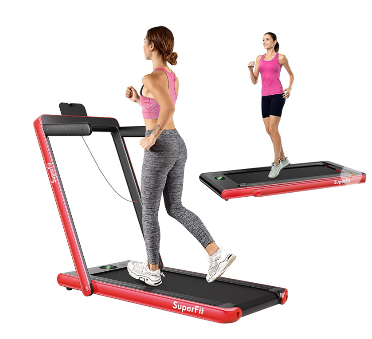 2 in 1 Folding Treadmill 2.25HP Running Machine w/ Dual Display, Red/Black (MAX265lbs)