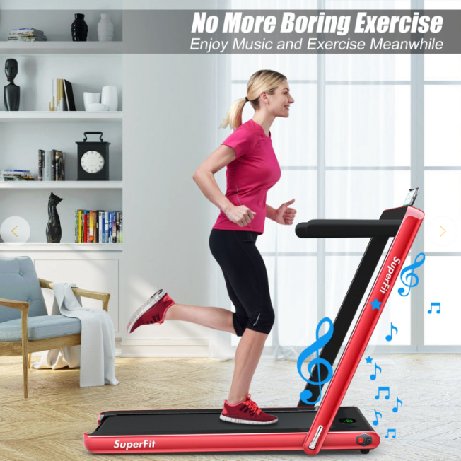2 in 1 Folding Treadmill 2.25HP Running Machine w/ Dual Display, Red/Black (MAX265lbs)