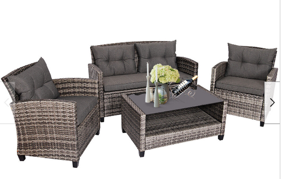 4PCS Patio Rattan Furniture Set Coffee Table Cushioned Sofa Garden Lawn Gray, 3 box unassembled