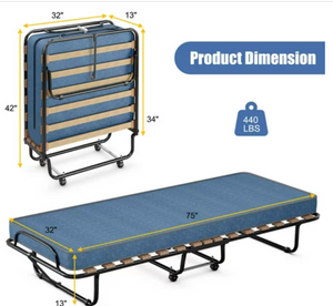 Portable Folding Bed with Memory foam Mattress Rollaway Cot Blue,  Made in Italy