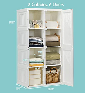 Foldable Armoire Wardrobe Closet with 8 Cubby Storage, PVC, White, fully assembled