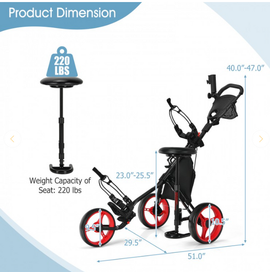 3 Wheel Folding Golf Push Cart with Seat Scoreboard and Adjustable Handle *FULLY ASSEMBLED*