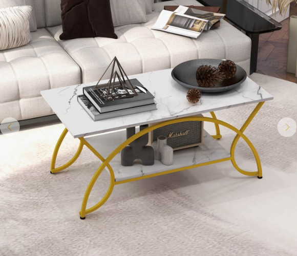 2-Tier Faux Marble Coffee Table with Marble Top and Metal Frame, Top is slightly marked