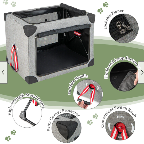 Portable 32 in Folding Dog Crate w/Locking Zippers &Mesh Mat for Cat Carrier Use
