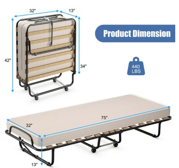 Folding Bed,  Portable, 32`` x 75``, 4`` memory foam mattress, 1 slat missing, discount applied