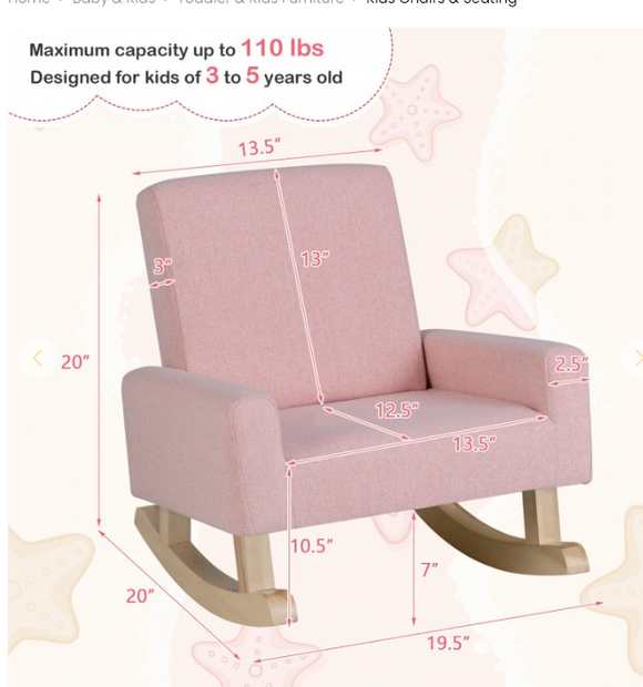 Kids Rocking Chair with Solid Wood Legs, PINK, ASSEMBLED