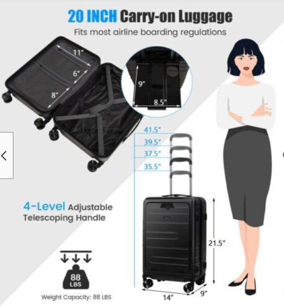 20 Inch Carry-on Luggage PC Hardside Suitcase TSA Lock with Front Pocket and USB Port