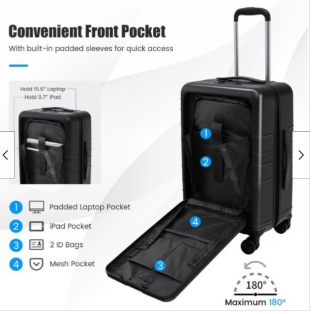 20 Inch Carry-on Luggage PC Hardside Suitcase TSA Lock with Front Pocket and USB Port