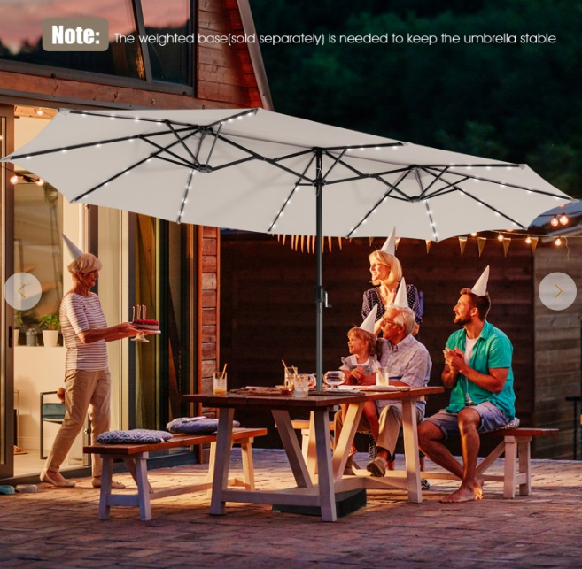 15 Feet Twin Patio Umbrella with 48 Solar LED Lights, Beige, 1 box, unassembled