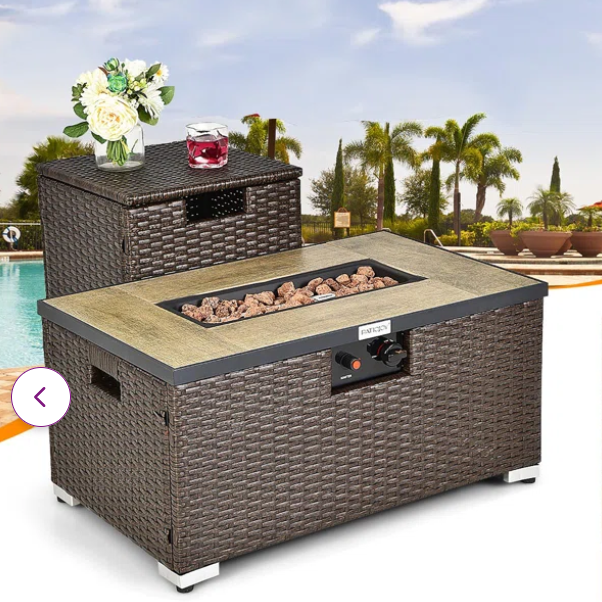 32''x 20'' Propane Rattan Fire Pit Table Set W/ Side Table Tank & Cover 40,000 Btu, - Full Assembled