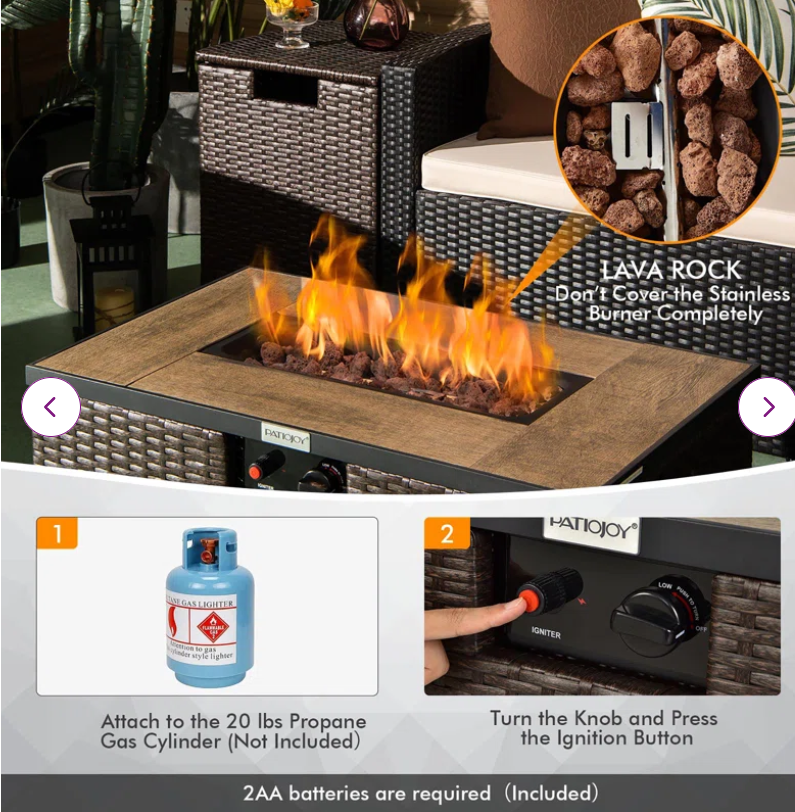 32''x 20'' Propane Rattan Fire Pit Table Set W/ Side Table Tank & Cover 40,000 Btu, - Full Assembled