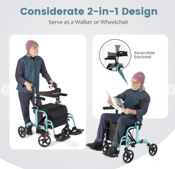 2-in-1 Folding Rollator Walker with Adjustable Handles and Reversible Backrest