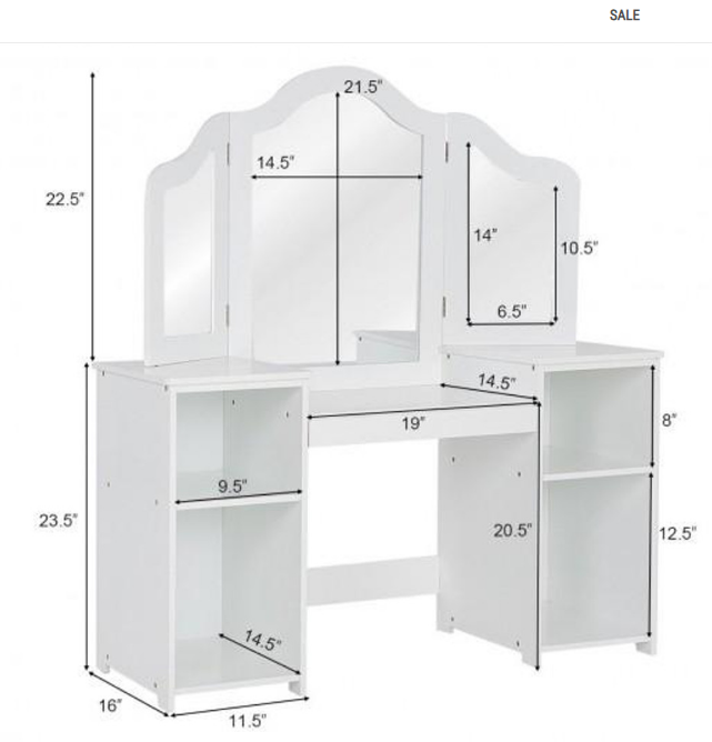 Kids Tri Folding Mirror Makeup Dressing Vanity Table Set-White, Fully Assembled