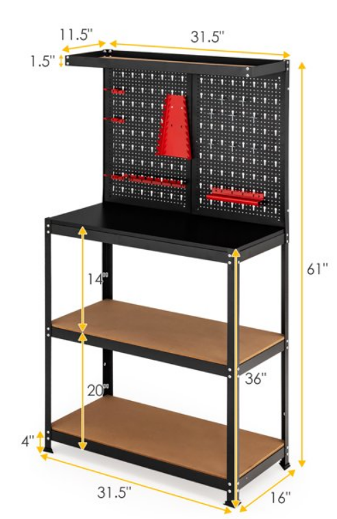48 Inch Workbench with Pegboard and Drawers-Black, Fully Assembled