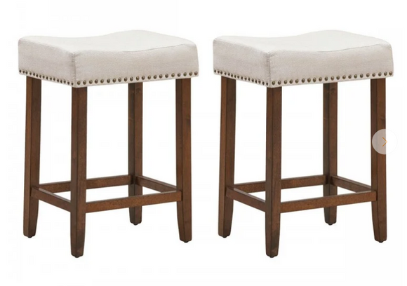 2 Piece Set, 24 Inch Nailhead Saddle Bar Stools with Fabric Seat and Wood Legs, crease in corner