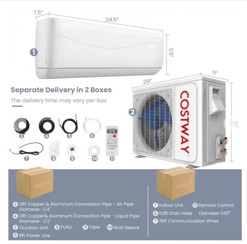 HEAT PUMP KiT, 12000 BTU 20 SEER2 115V Ductless Mini Split with Remote, 2 boxes