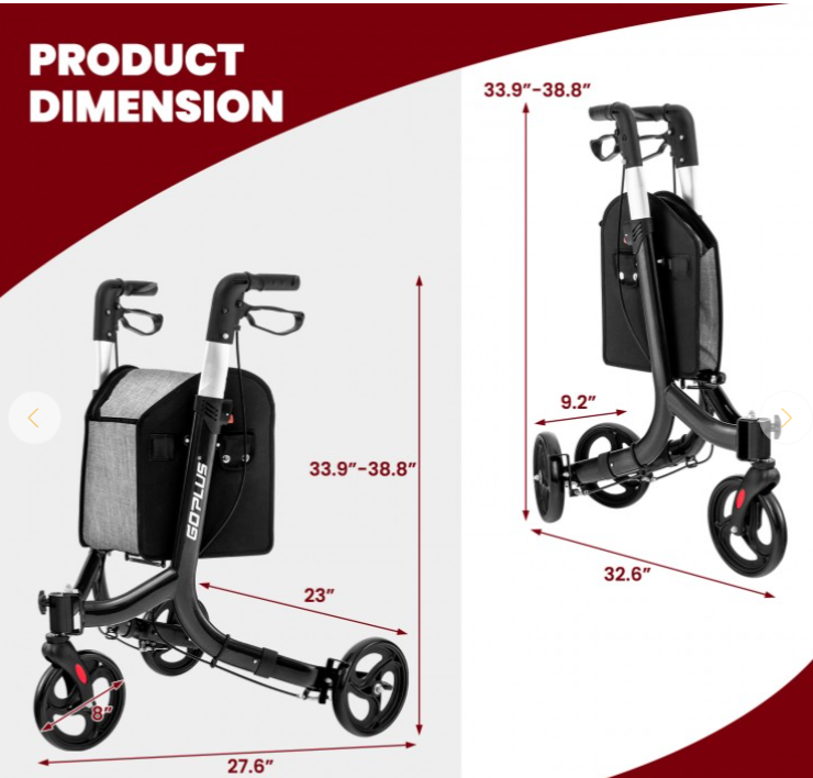 3-Wheel Rolling Walker with Adjustable Handle