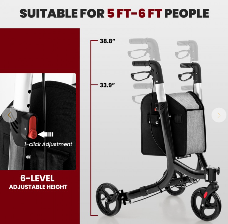 3-Wheel Rolling Walker with Adjustable Handle