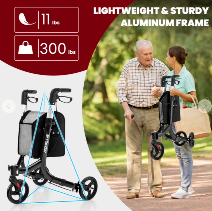 3-Wheel Rolling Walker with Adjustable Handle