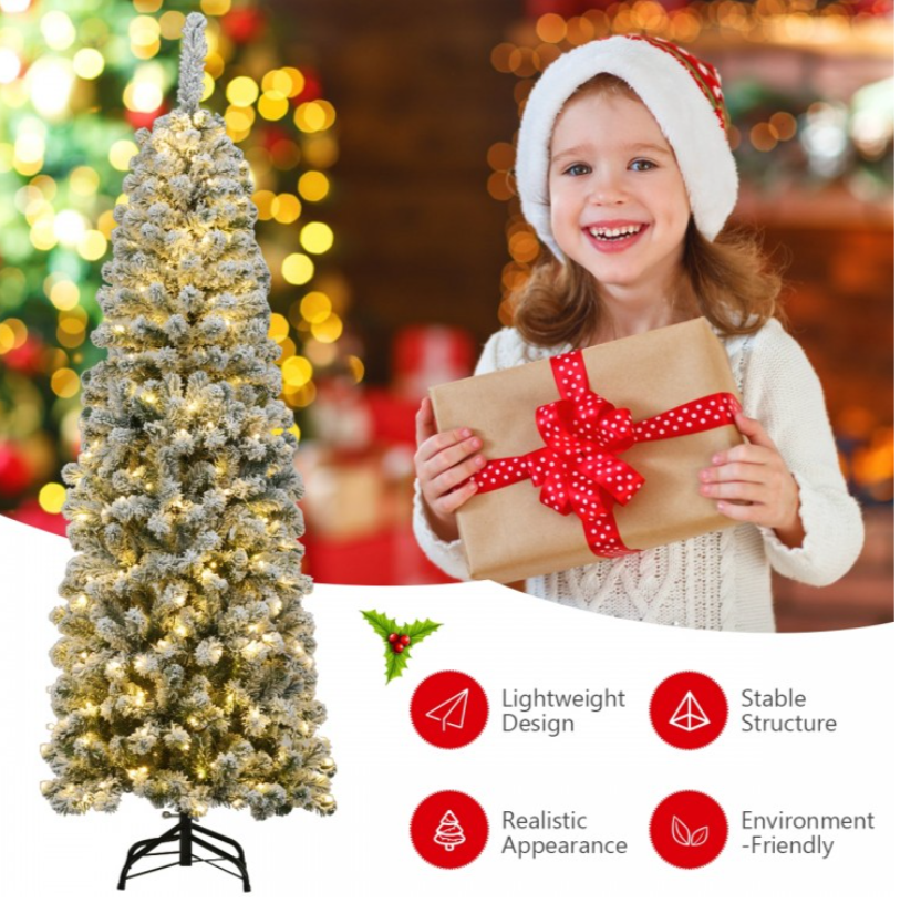 6 Ft Flocked, Pre-lit,  Christmas Tree with Metal Stand ( 1 Box)