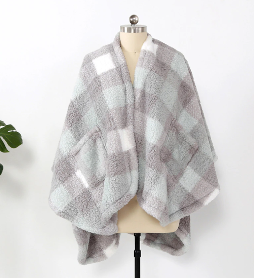 Berkshire Blanket Buffalo Plaid Double-Sided Cape, seaglass