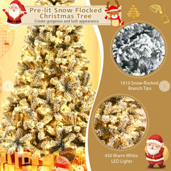 7.5 ft, Pre-Lit Premium Snow Flocked Hinged Artificial Christmas Tree