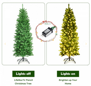 6Ft PVC Hinged Pre-lit Artificial Fir Pencil Christmas Tree with 150 Lights