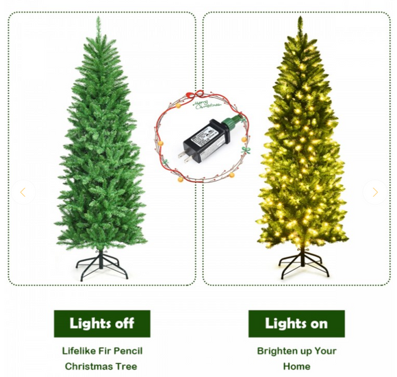 6Ft PVC Hinged Pre-lit Artificial Fir Pencil Christmas Tree with 150 Lights