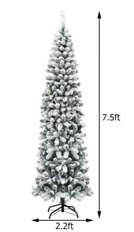 7.5 Feet Unlit Hinged Snow Flocked Artificial Pencil Christmas Tree with 641 Tips