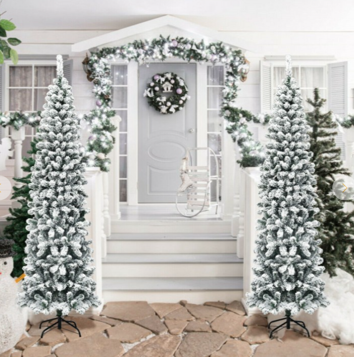 7.5 Feet Unlit Hinged Snow Flocked Artificial Pencil Christmas Tree with 641 Tips