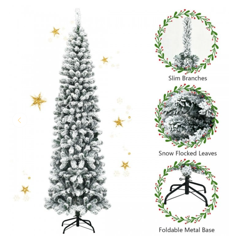 7.5 Feet Unlit Hinged Snow Flocked Artificial Pencil Christmas Tree with 641 Tips