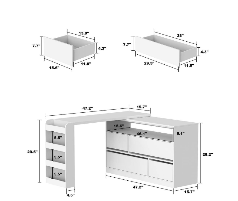 47.2 in. L-Shaped White Wood Computer, fully assembled, white
