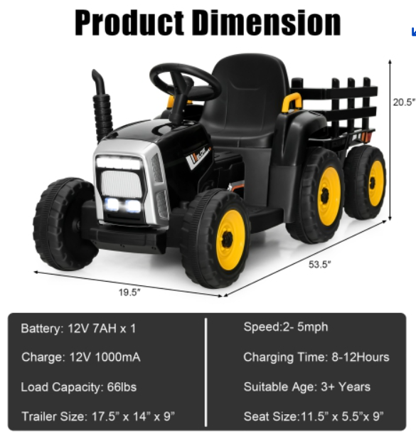12V Ride on Tractor with 3-Gear-Shift Ground Loader for Kids 3+ Years Old, fully assembled