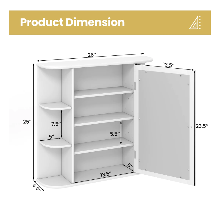 Multipurpose Mount Wall Mirror Bathroom Storage Cabinet-White, assembled
