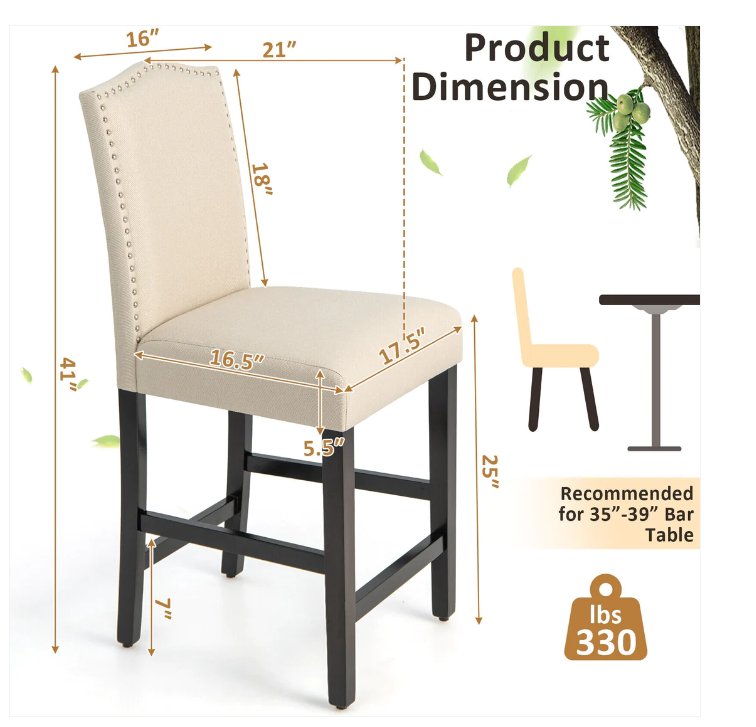 2 Pcs Fabric Nail Head Counter Height Dining Side Chairs Set-Beige