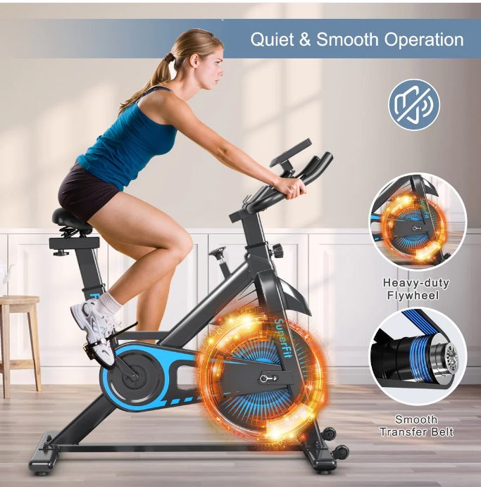 Indoor Silent Belt Drive Adjustable Stationary Bike-Blue, fully assembled