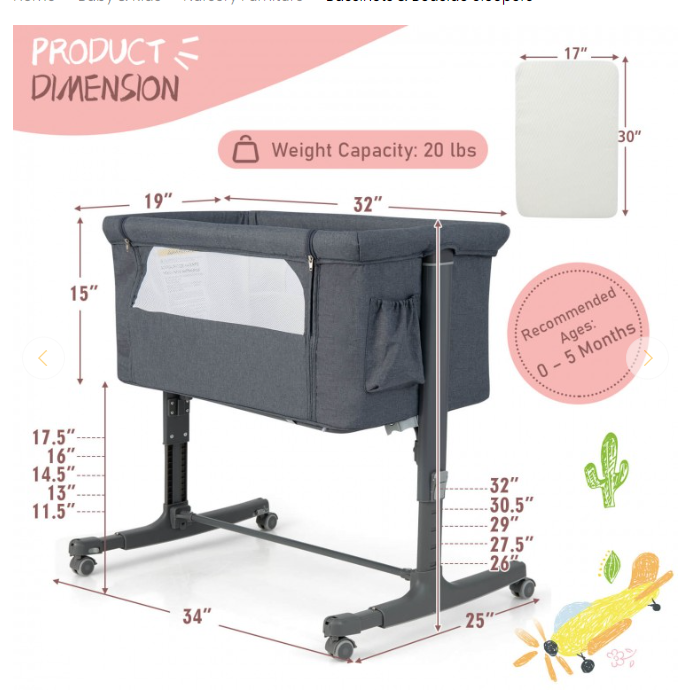 Portable Baby Bedside Bassinet with 5-level Adjustable Heights, fully assembled