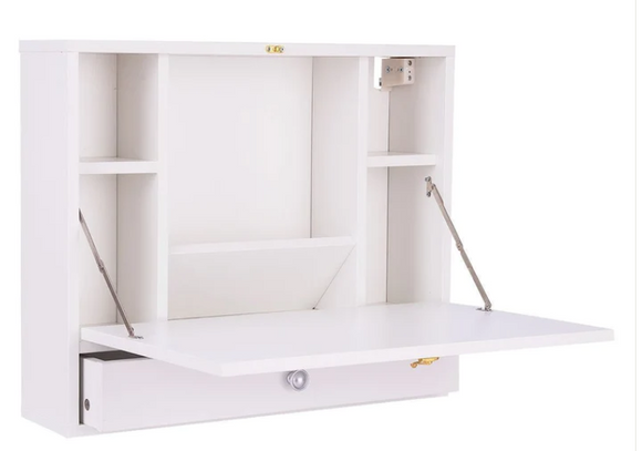 Wall Mounted Folding Laptop Desk Hideaway Storage with Drawer-White, fully assembled
