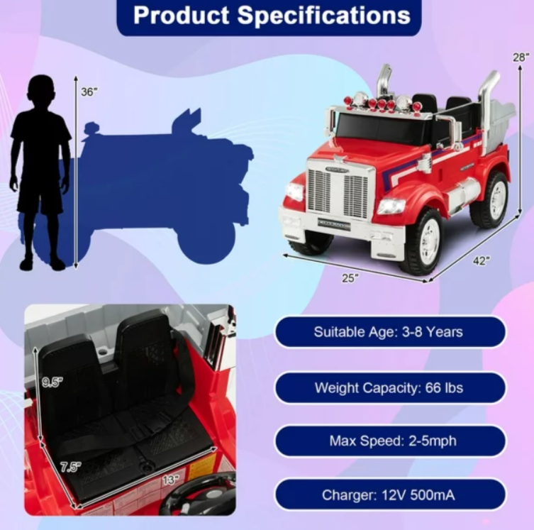 12V Licensed Freightliner Kids Ride On Truck Car RC w/ Dump Box & Lights Red, fully assembled