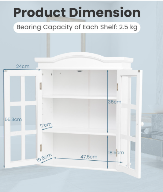 Wall-Mount Bathroom Double Doors Shelved Storage Cabinet, fully assembled