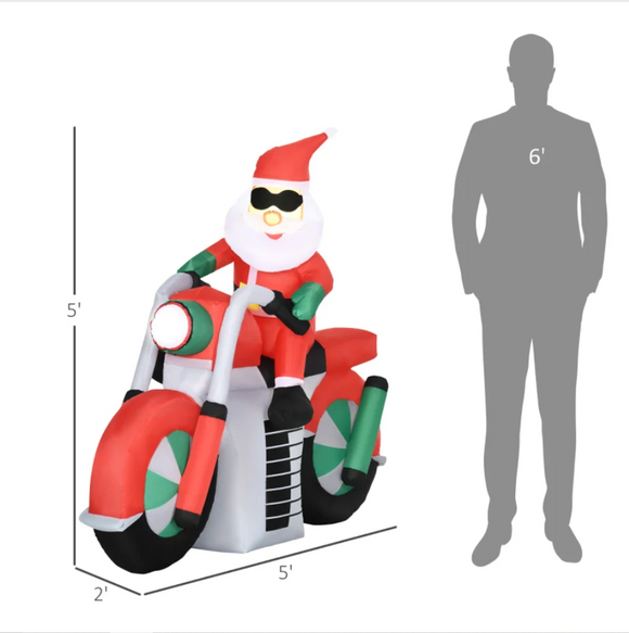 5ft Christmas Inflatable Santa Claus with Sunglasses on Motorcycle, Blow-Up Outdoor LED Yard Display for Lawn Garden Party