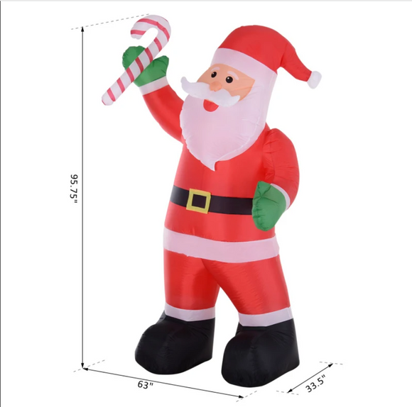 Inflatable Christmas Outdoor Lighted Yard Decoration, Santa Claus with Candy Cane, 8' Tall