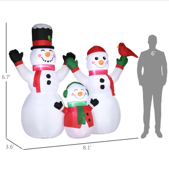 8ft Inflatable Christmas Snowman Family with A Red Bird, Blow-Up Outdoor LED Yard Display for Lawn Garden Party