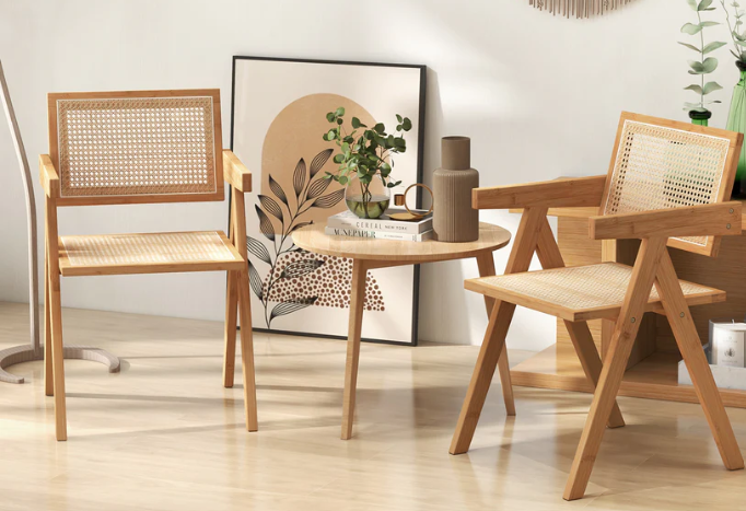 Set of 2 Rattan Accent Chairs with Natural Bamboo Frame-Natural