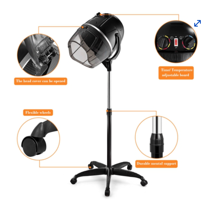Adjustable Stand Up Hood Floor Hair Bonnet Dryer Rolling Base Salon Wheels
