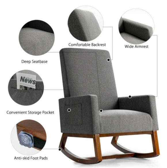 Rocking High Back Upholstered Lounge Armchair with Side Pocket, grey