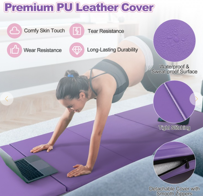 4` x 8`Folding Gymnastics Mat with Carry Handles and Sweatproof Detachable PU Leather Cover