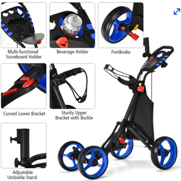 Goplus Folding 4 Wheels Golf Push Cart W/Bag Scoreboard Adjustable Handle