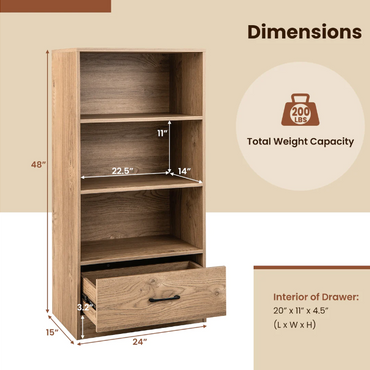 4-Tier Storage Bookcase with Open Shelves and drawer, fully assembled